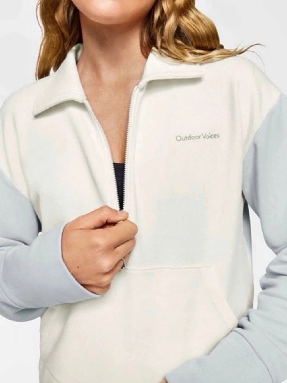 Outdoor Voices Cropped Quarter-Zip Pullover White & Blue